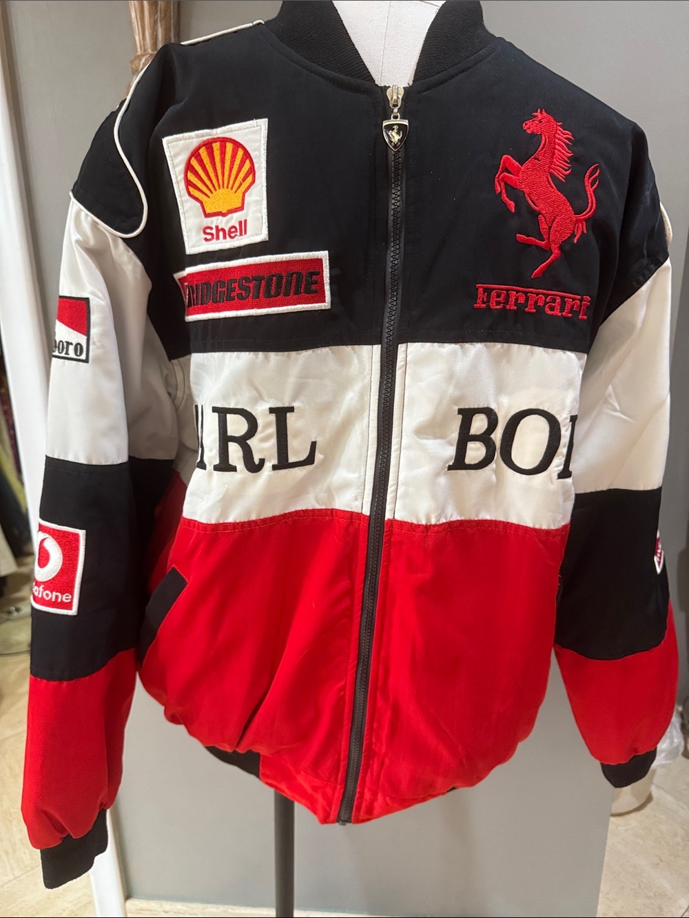 Ferrari Red, Black & White Racing Patch Bomber Jacket